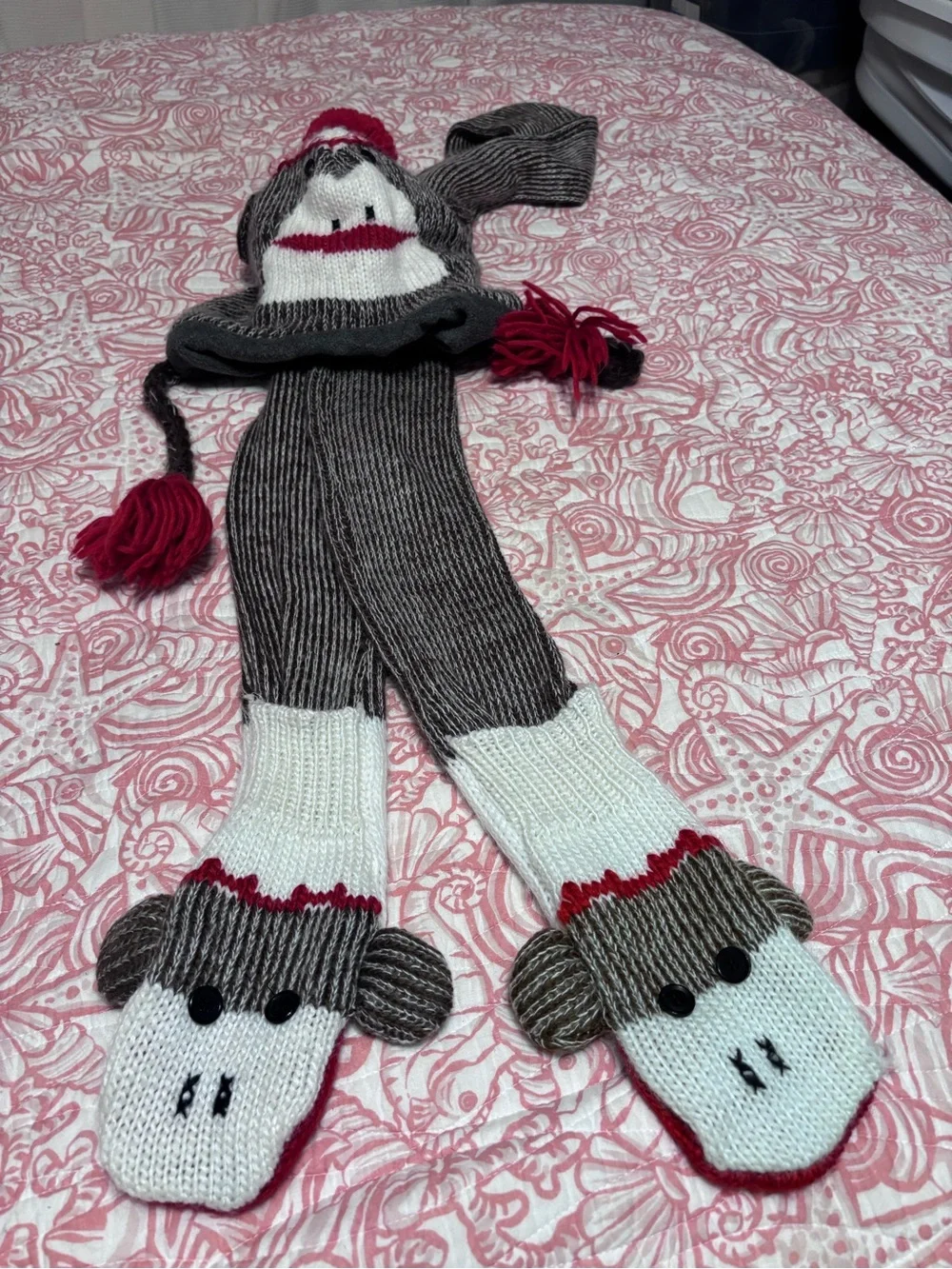 Knit Monkey Hat Scarf and Mittens Set - Gray, White & Red